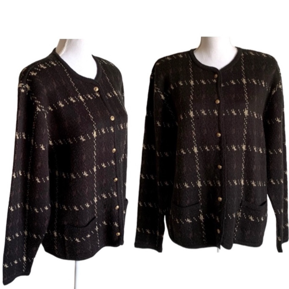 VINTAGE CARDIGAN SWEATER GOLD TONE BUTTON FRONT BLACK PATTERN SIZE XL